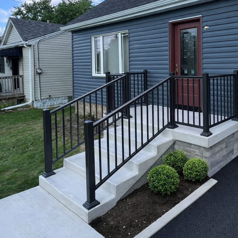 Modern porch with dark railing