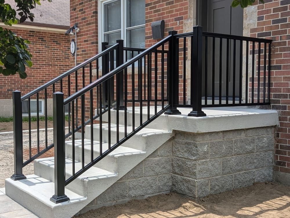 Concrete porch with black aluminum railing and steps
