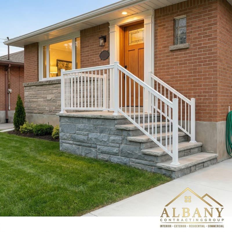 Stone porch with white railing and wood front door