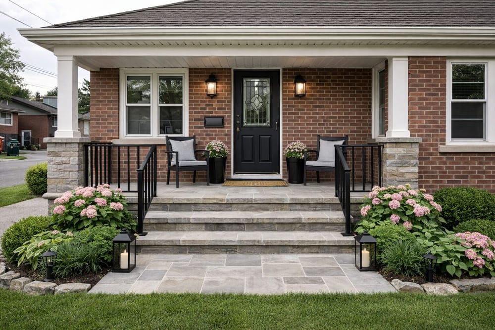 Covered brick porch with stone columns and black railing